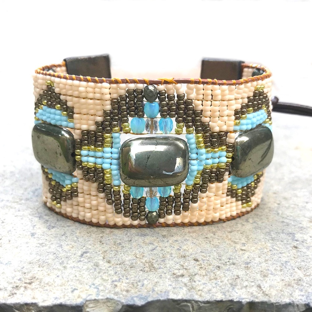 Pyrite leather loom bead boho bracelet
